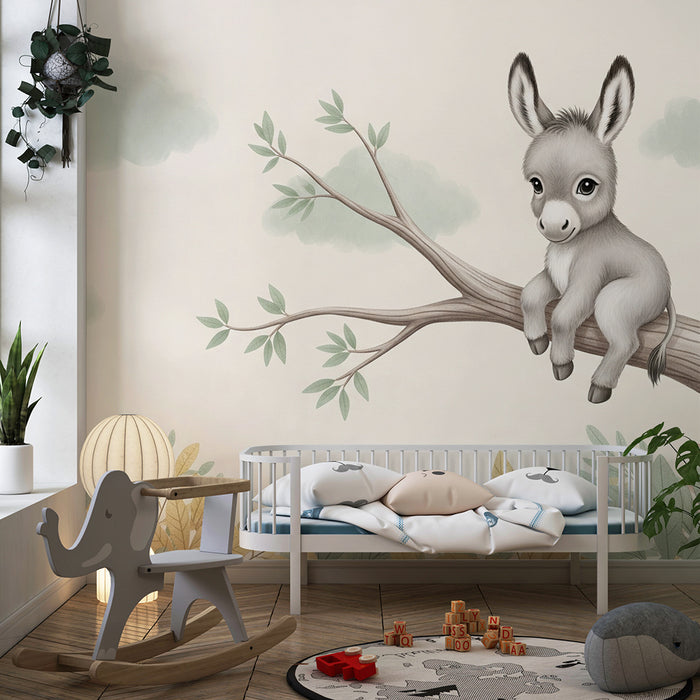 Papier peint chambre bébé | Petit âne sur une branche