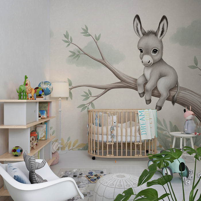 Papier peint chambre bébé | Petit âne sur une branche