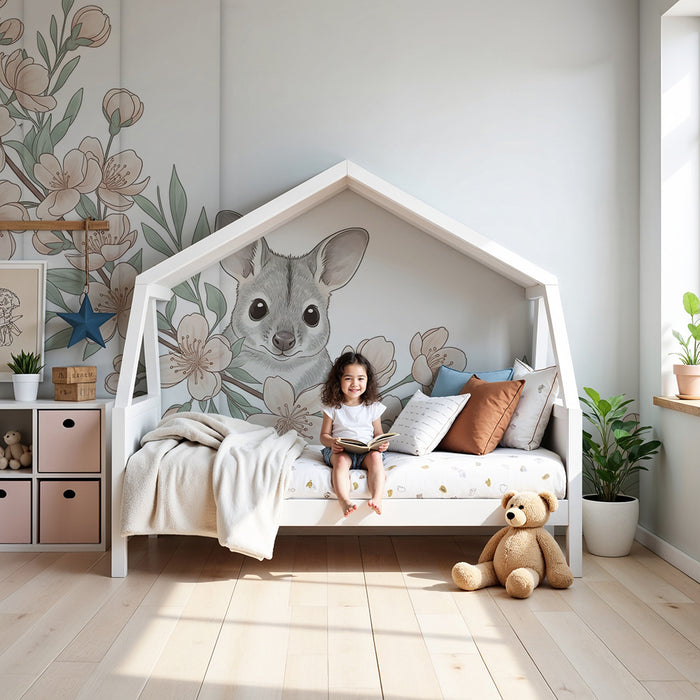 Nursery room wallpaper | Little animal and delicate flowers