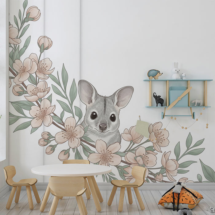 Nursery room wallpaper | Little animal and delicate flowers