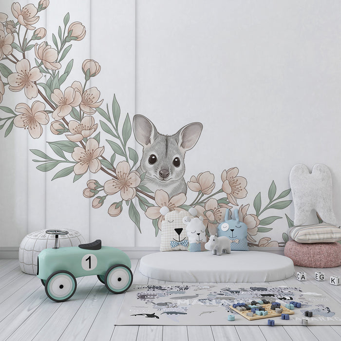Nursery room wallpaper | Little animal and delicate flowers