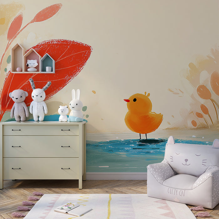 Børneværelse tapet | Sød lille and ved vandkanten med farverige blade