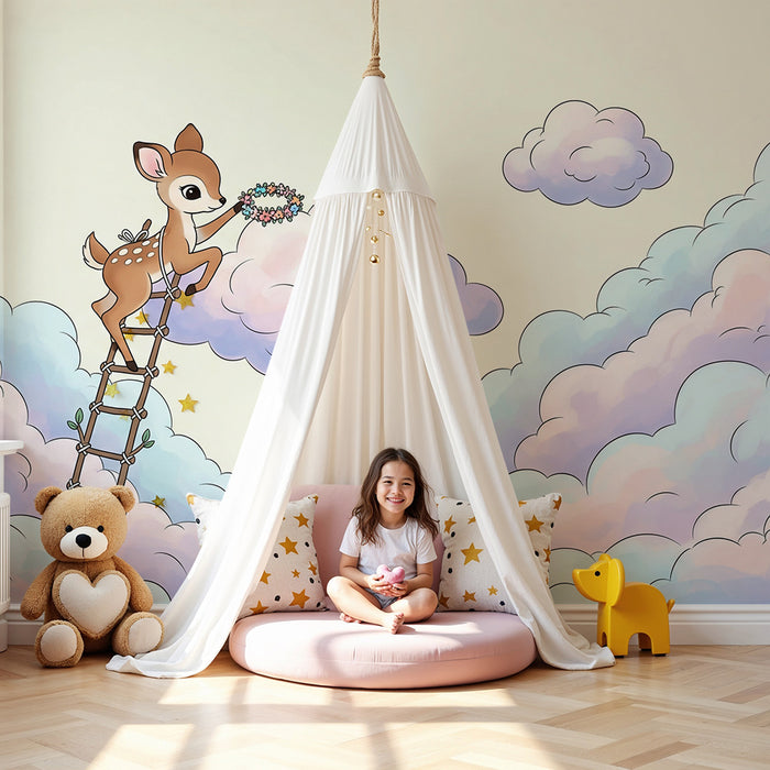 Papier peint chambre bébé | Petit cerf dans les nuages pastel