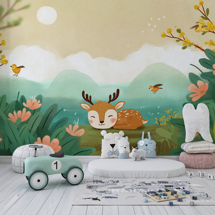Babykamer behang | Klein slapend hertje in een rustgevend bloemenlandschap