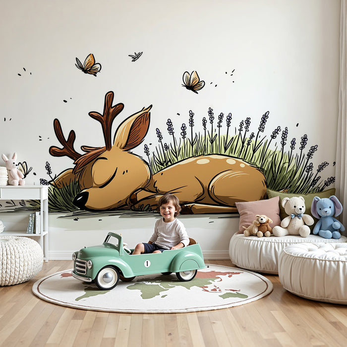 Tapet barnerom | Liten sovende hjort omgitt av blomster og sommerfugler