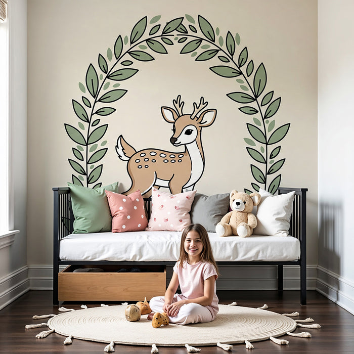 Papier peint chambre bébé | Petit cerf entouré de feuillage délicat
