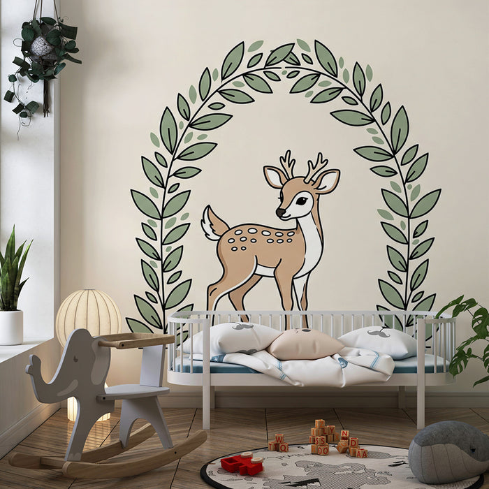 Papier peint chambre bébé | Petit cerf entouré de feuillage délicat