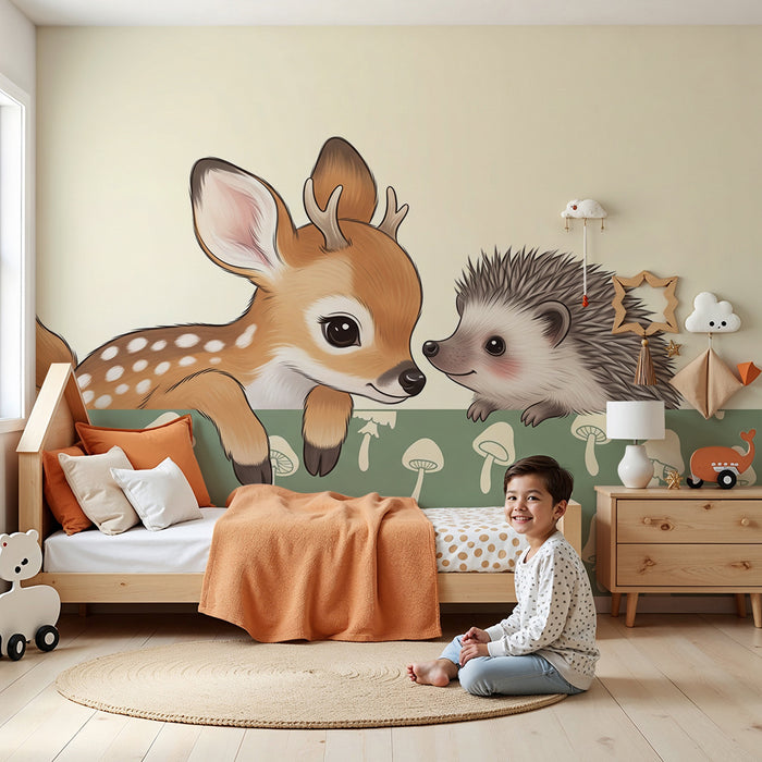 Papier peint chambre bébé | Petit cerf et hérisson dans un décor forestier