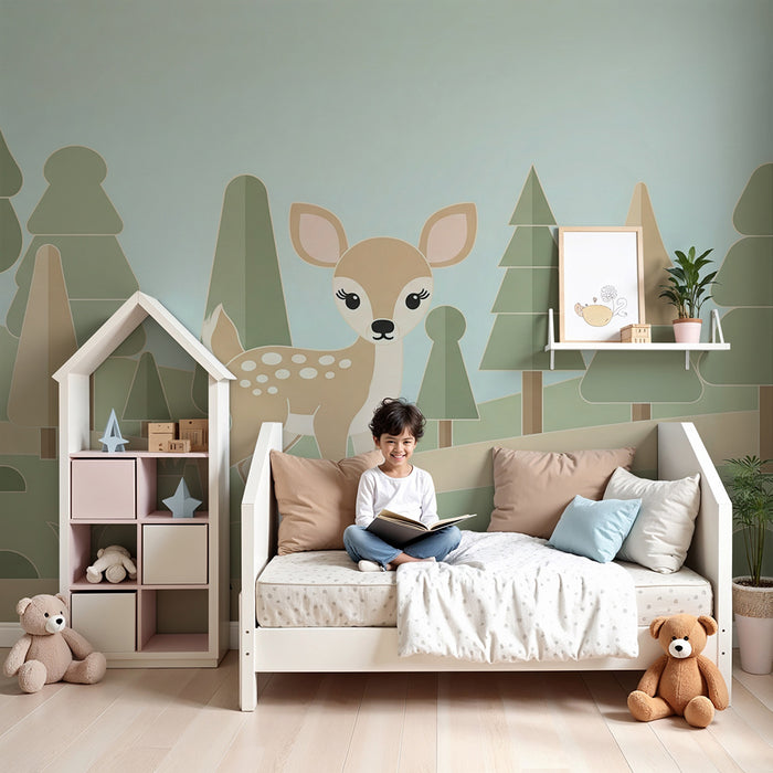 Papier peint chambre bébé | Petit cerf et hérisson dans une forêt douce