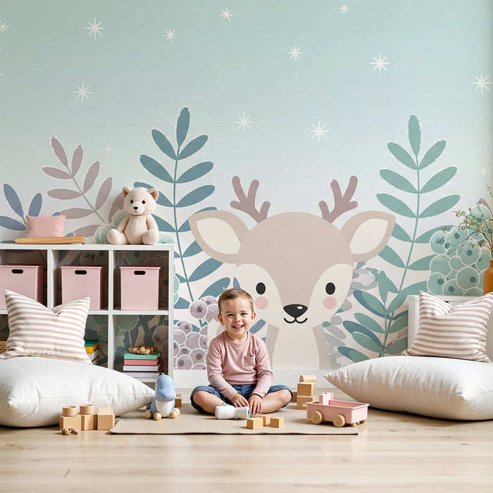 Paberi tapeet beebi tuba | Väike armas põder ümbritsetud õrnadest lehtedest