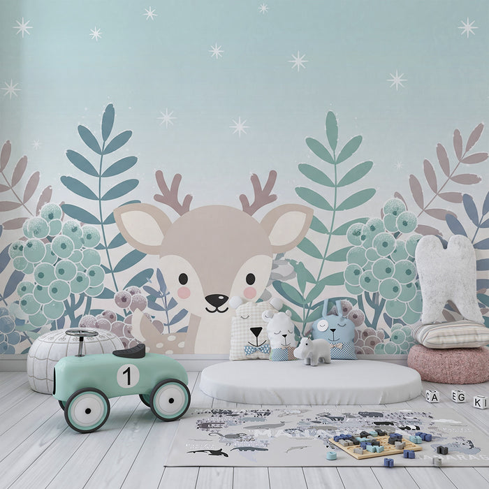 Paberi tapeet beebi tuba | Väike armas põder ümbritsetud õrnadest lehtedest