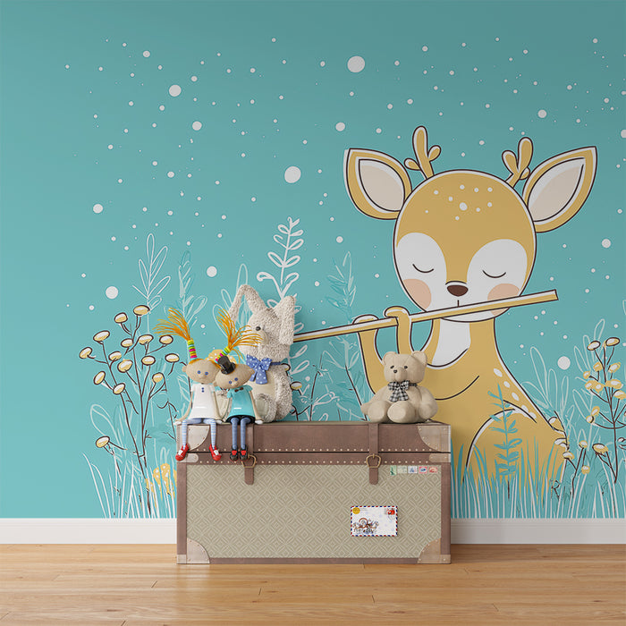 Børneværelse tapet | Lille musiker hjort midt i blomsterne