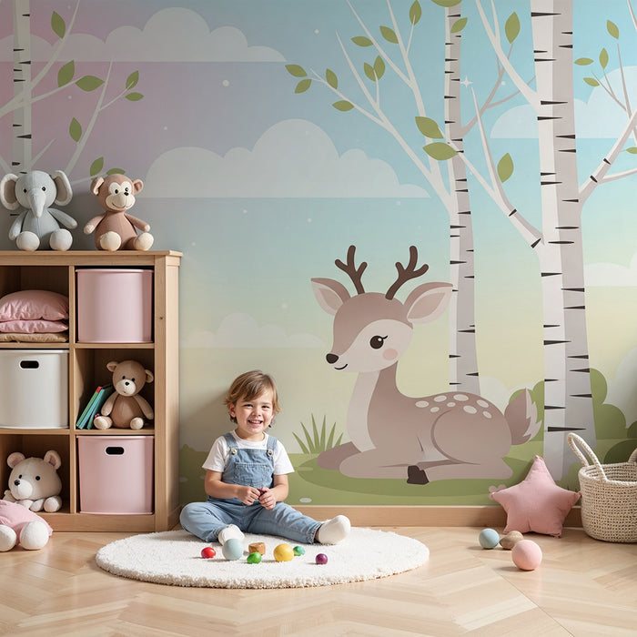 Χαρτί τοίχου για το δωμάτιο του μωρού | Ήρεμο ελάφι σε μια παστέλ δάσος