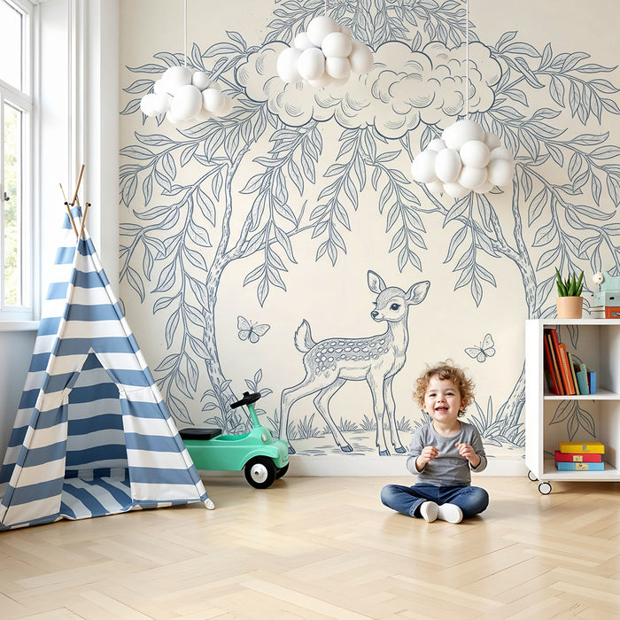 Baby nursery wallpaper | Little deer under a cloud with delicate foliage