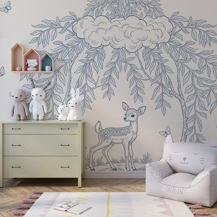 Baby nursery wallpaper | Little deer under a cloud with delicate foliage
