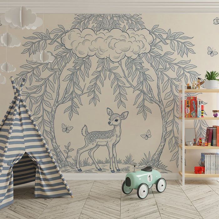 Baby nursery wallpaper | Little deer under a cloud with delicate foliage