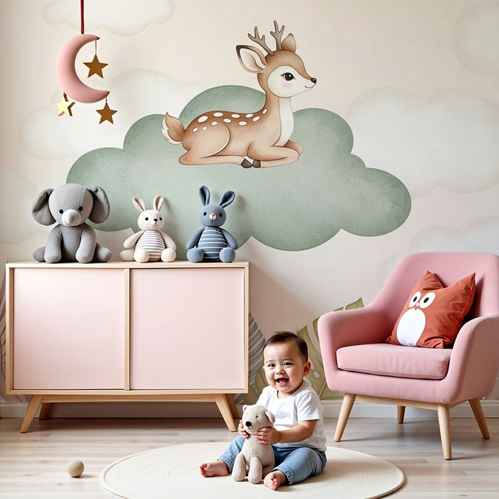 Papel de parede quarto bebê | Pequeno cervo em uma nuvem