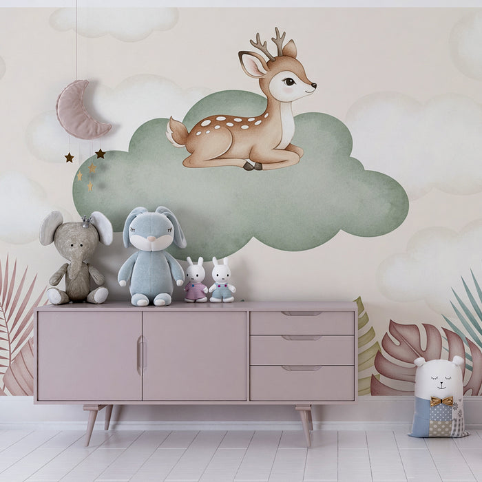 Papel de parede quarto bebê | Pequeno cervo em uma nuvem
