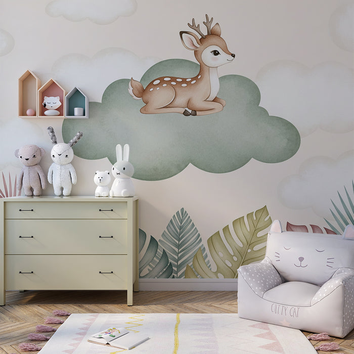 Papel de parede quarto bebê | Pequeno cervo em uma nuvem