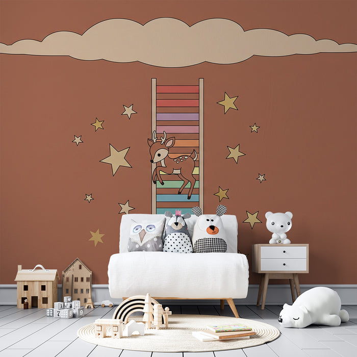 Papel de parede para quarto de bebé | Um pequeno veado numa escada colorida com estrelas