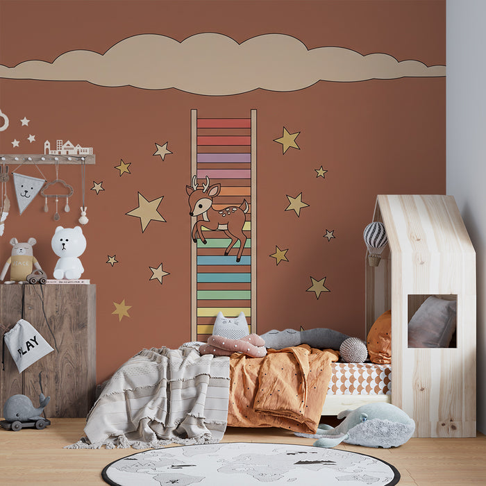 Papel de parede para quarto de bebé | Um pequeno veado numa escada colorida com estrelas