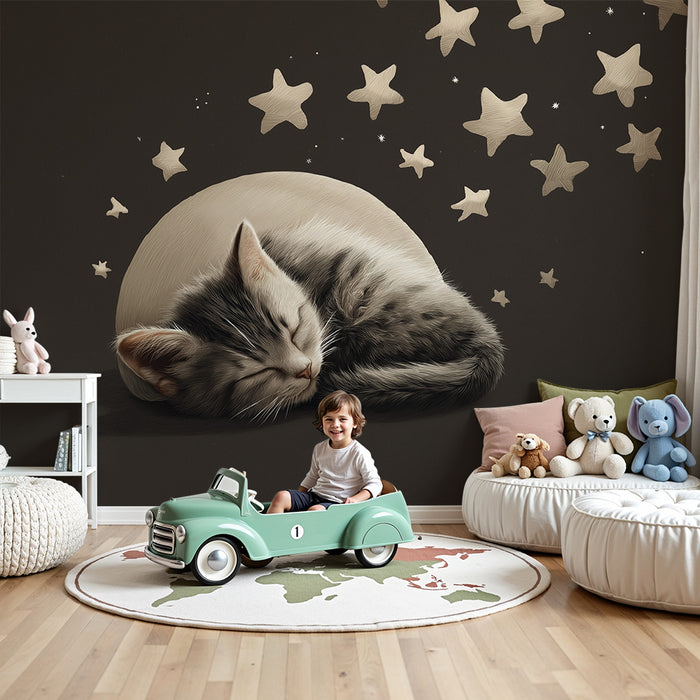 Papel de parede quarto bebê | Γατάκι που κοιμάται κάτω από έναν αστερόλουστο ουρανό