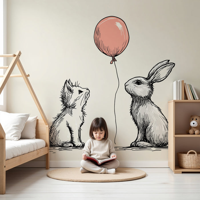 Papel pintado infantil | Gatito y conejo con un globo