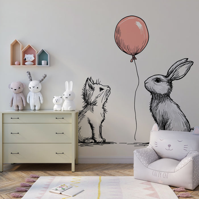 Papel pintado infantil | Gatito y conejo con un globo