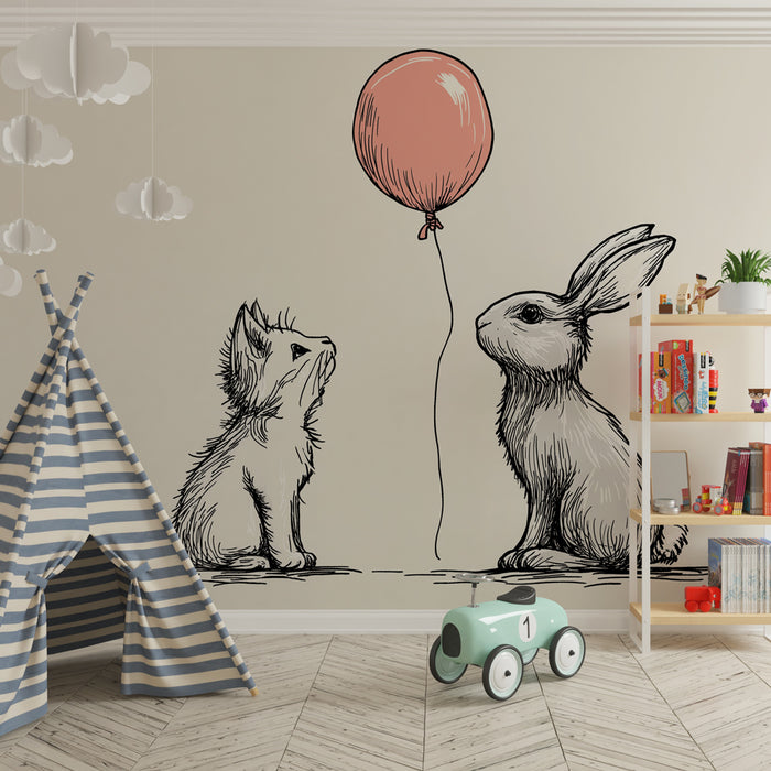 Papel pintado infantil | Gatito y conejo con un globo