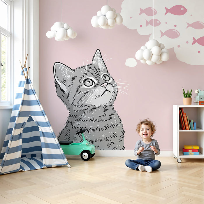 Carta da parati bambini | Gattino sognante con pesci rosa