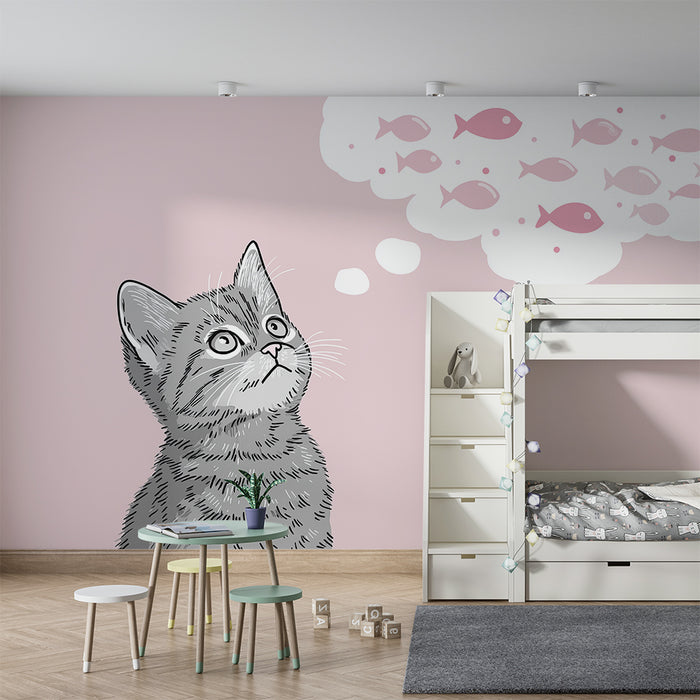 Carta da parati bambini | Gattino sognante con pesci rosa