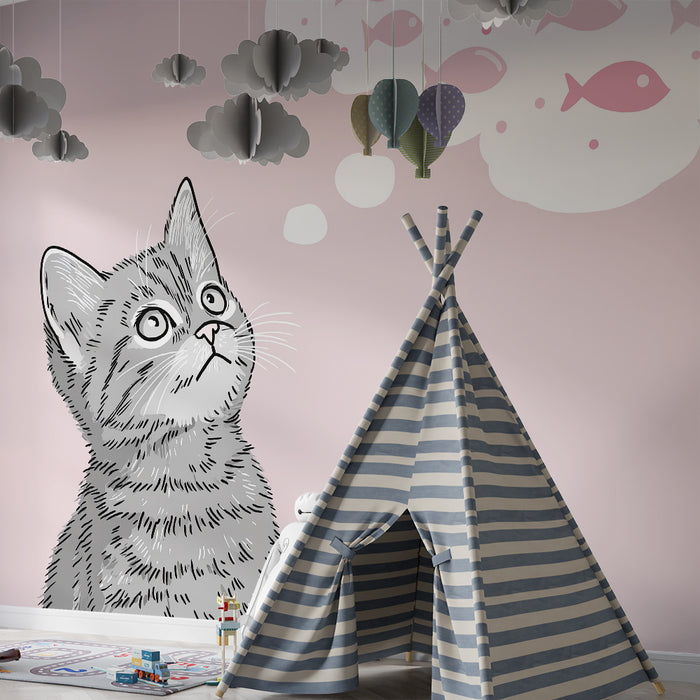 Carta da parati bambini | Gattino sognante con pesci rosa