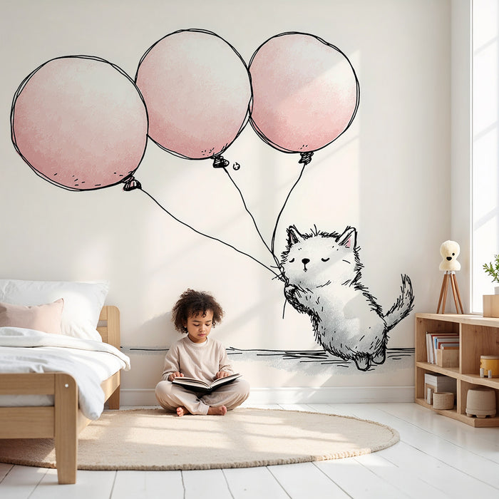 Barnrumspapper | Liten kattunge med rosa ballonger