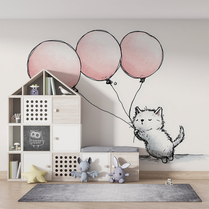 Barnrumspapper | Liten kattunge med rosa ballonger