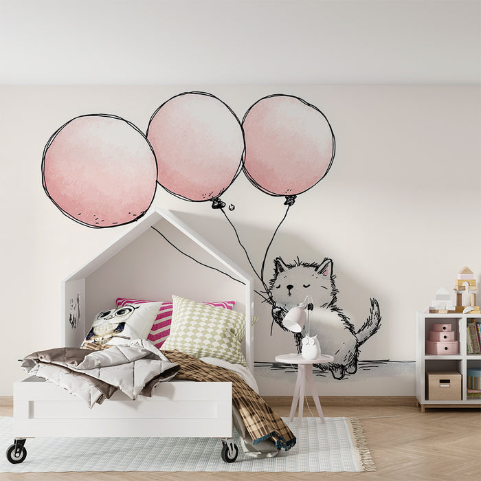 Barnrumspapper | Liten kattunge med rosa ballonger