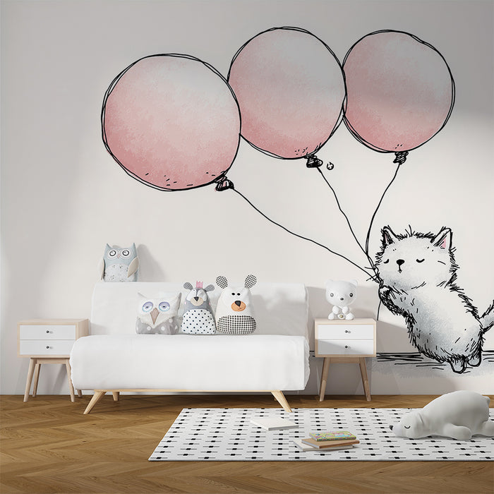 Papel de parede quarto bebê | Gatinho com balões cor-de-rosa