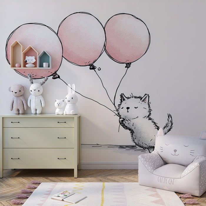 Papel de parede quarto bebê | Gatinho com balões cor-de-rosa