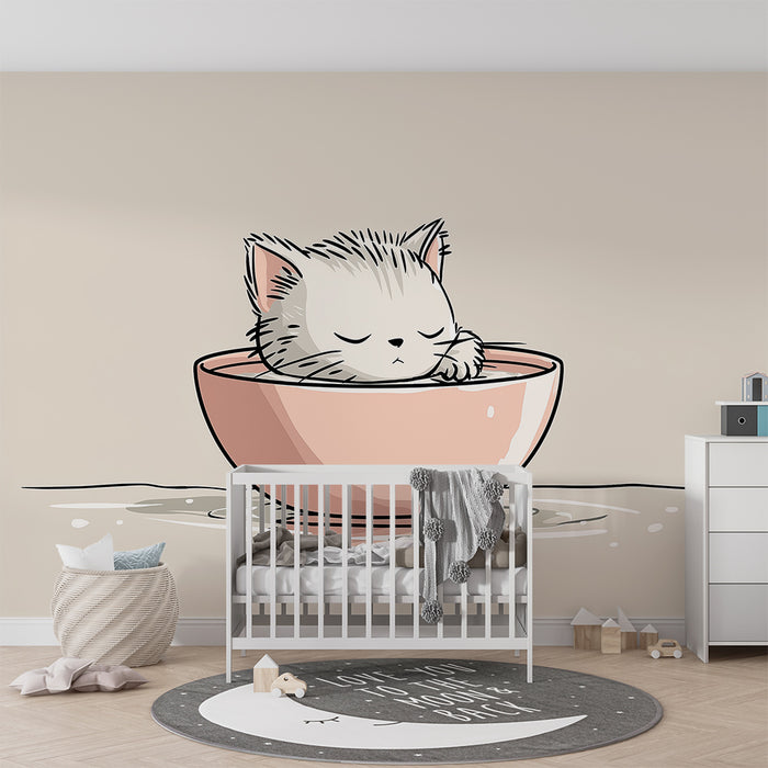 Papier peint chambre bébé | Petit chaton paisible dans un bol rose