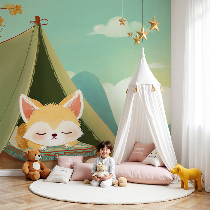 Børneværelse tapet | Lille sovende hund under en solrig himmel