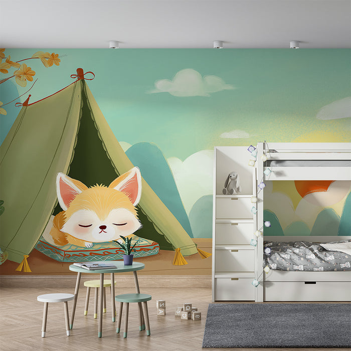 Børneværelse tapet | Lille sovende hund under en solrig himmel