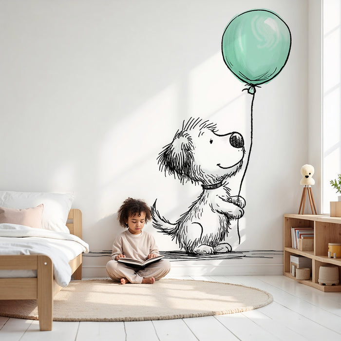 Babykamer behang | Vrolijke kleine hond met een groene bal