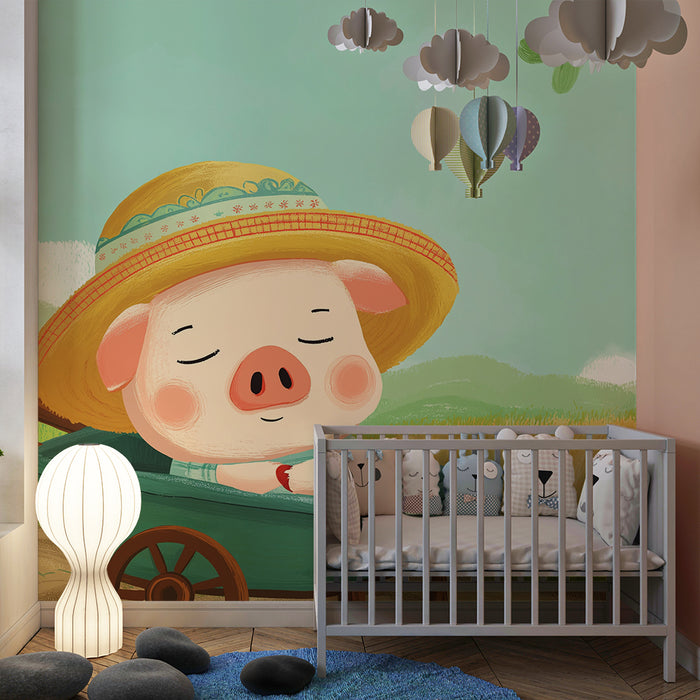 Tapet pentru camera copilului | Purcel fericit într-un căruț în mijlocul câmpului