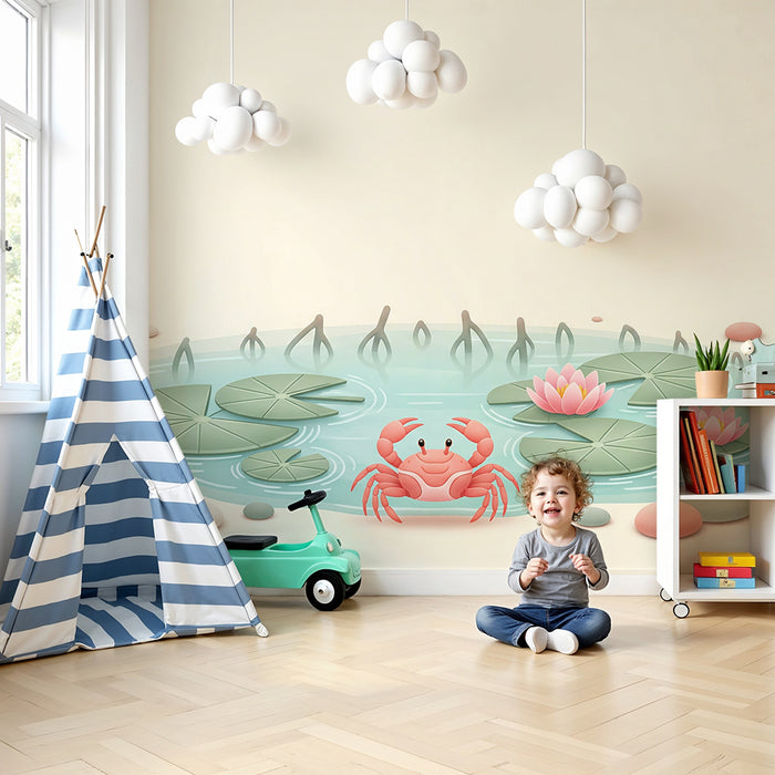 Papier behang babykamer | Klein krabbetje en waterlelies in een rustige vijver