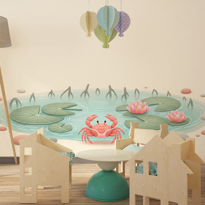 Papier behang babykamer | Klein krabbetje en waterlelies in een rustige vijver