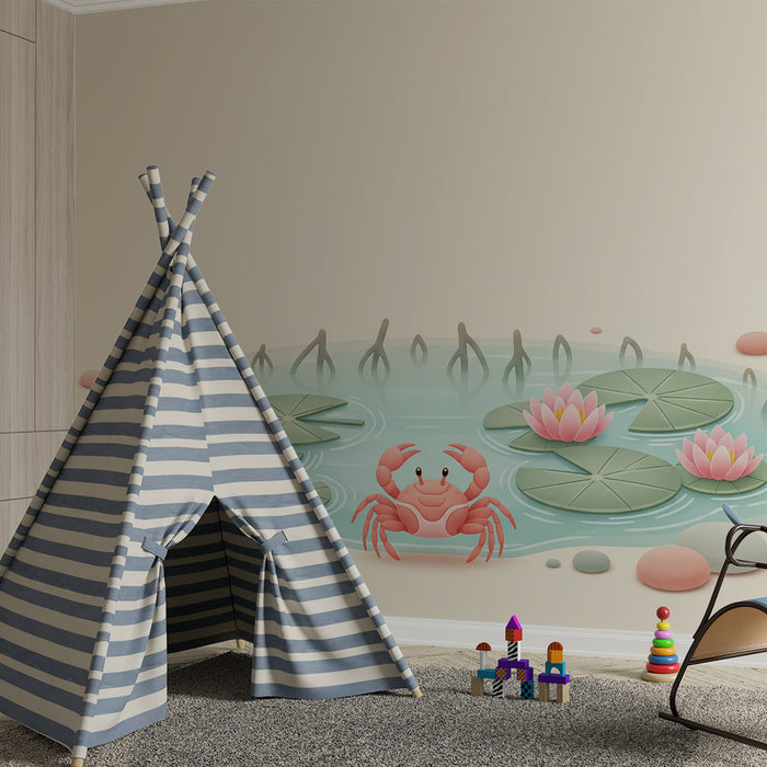 Papier behang babykamer | Klein krabbetje en waterlelies in een rustige vijver
