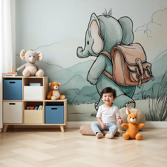Nursery room wallpaper | Little adventurous elephant with a backpack in a peaceful landscape
