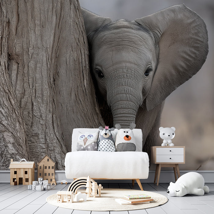 Papier peint chambre bébé | Petit éléphant caché derrière un arbre
