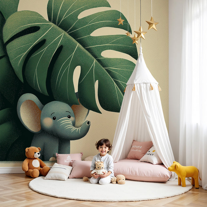 Tapet pentru camera de copii | Elefant mic ascuns sub o frunză tropicală