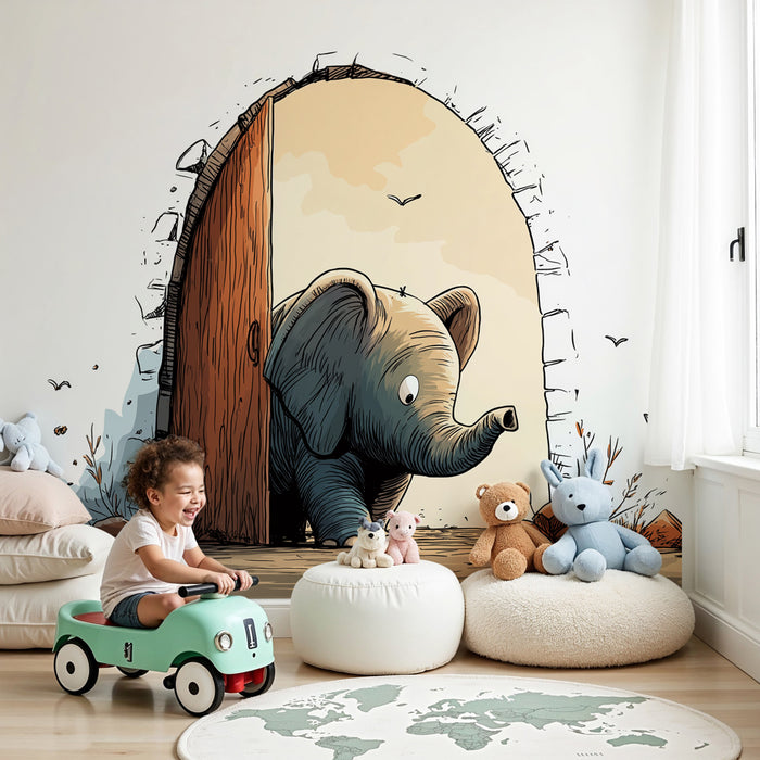 Papel de parede quarto bebê | Pequeno elefante curioso à porta