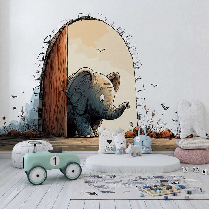 Papel de parede quarto bebê | Pequeno elefante curioso à porta
